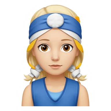 A 3D avatar of a blonde woman, who has brown eyes, is wearing a blue vest and a white headband on her head. She is looking straight at the camera. sticker