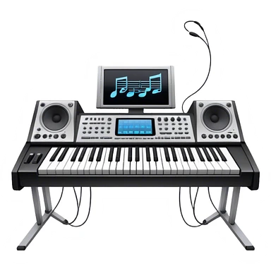 Create a professional and artistic emoji that represents writing music tracks. The design should feature a large monitor displaying musical notes or a score, positioned in front of a professional Korg synthesizer. Add elements like studio headphones, a MIDI keyboard, and an audio interface to symbolize the tools used in music production. Use sleek, modern colors like silver, black, and neon accents to convey the professional environment of music composition. The background should be transparent. sticker