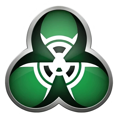 Minimalist emoji-style sticker of a fractured biohazard symbol with a small eye in the center. Stylized, geometric, no text.
 sticker