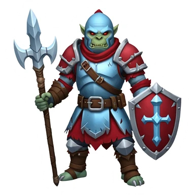 
Fantasy Christmas orc legion soldier icon, iron tundra army theme, heavy winter armor, disciplined brutal look, icy blue steel armor with deep crimson accents, frozen metal texture, cold winter atmosphere, clean readable emoji style
 sticker