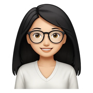 medium tan asian woman with long black hair past middle of back, round brown eyes, white v neck blouse. she has black thick frame rectangular glasses on and smilling sticker