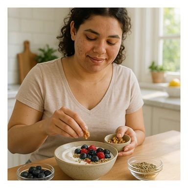 young woman with PCOS preparing a healthy breakfast: bowl of Greek yogurt, berries, nuts, and seeds, morning atmosphere, realistic details, bright kitchen background sticker