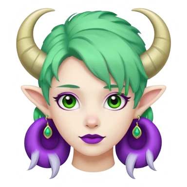 white furred unicorn with green hair and big purple earrings looking into camera and big horn and big earrings sticker