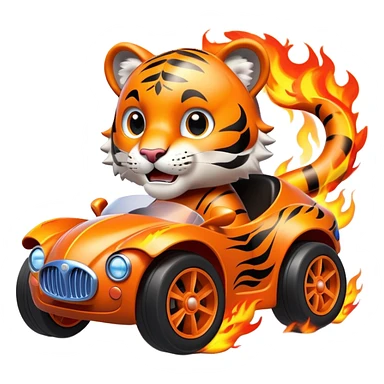 cute tiger in toy hot wheel car with THE CAR wheels are on fire sticker