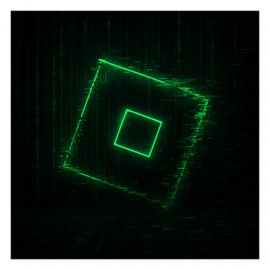 Transform the Roblox logo into a hacker theme with green code, digital glitch effects, and a techy cyberpunk vibe, while keeping the logo shape clear and recognizable. sticker