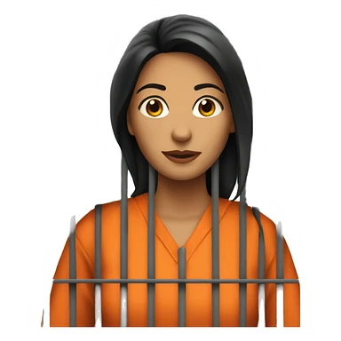Prisoner woman behind bars, orange jumpsuit. Dark hair sticker