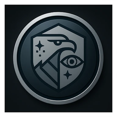 Place the logo inside a bold, modern circular badge. Maintain the minimal, futuristic, and authoritative style with dark blue, gray, and metallic silver colors. Ensure the design remains clean and recognizable at small sizes, with no background outside the circle. sticker