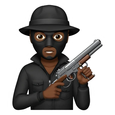A black male in a robber mask with a gun sticker