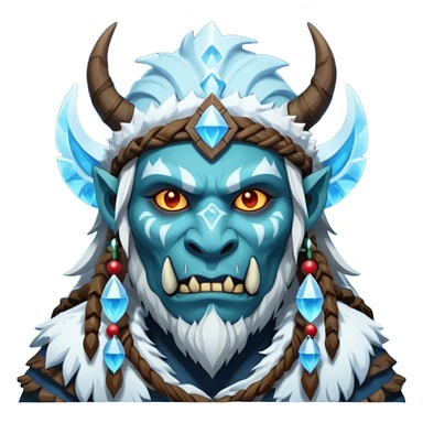 Fantasy Christmas orc shaman icon, ice spirit magic theme, glowing runes, winter tribal mask elements, mystical cold atmosphere, emoji sized portrait, male/female variant sticker