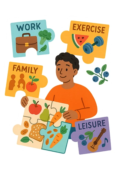 a person is surrounded by puzzle pieces, each representing a different aspect of their life (work, exercise, family, leisure), and healthy foods are integrated into each piece. The person assembles the puzzle, creating a complete, personalized nutrition plan. The mood is uplifting and creative. sticker