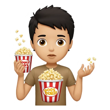 generate a pretty tan bratz boy with a brown tshirt on. eating popcorn. messy black hair sticker