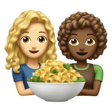 2 women, one with straight blonde hair and the other with brown curly hair. Pasta and salad in front of them sticker