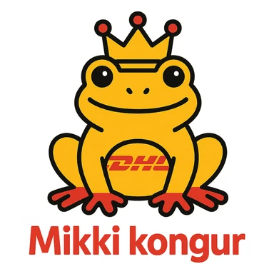 royal frog in DHL Express colors wearing a crown with the text 'Mikki kongur' in a bold friendly font, modern clean icon style sticker