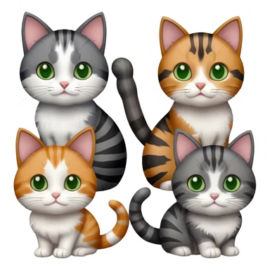 6 different coloured small cats including a dark grey and white, and a patchy calico, and a brown tabby and white,  and a completely solid dark grey with green eyes and only white paws sticker