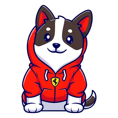 Dog wearing a Ferrari hoodie sticker