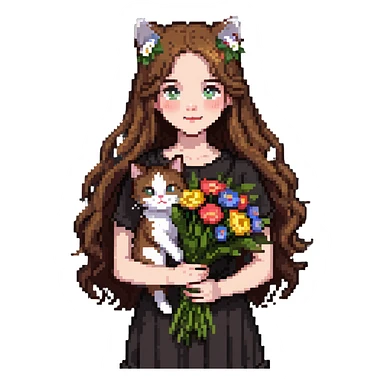 A cool girl with long brown hair and fair skin tilts her head and holds a bouquet of flowers and a cat sticker