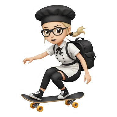 ["An angry woman with light skin, ponytail, wearing a chef hat and square glasses, dressed in goth fashion, is skateboarding while holding a backpack."] sticker
