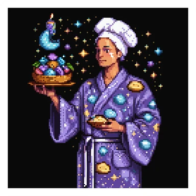 Portrait of a surreal baker floating among stars, wearing a galaxy-patterned robe, holding stardust ingredients, skeuomorphism style sticker