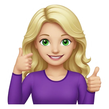 lady with long wavy blonde hair, purple top, green eyes, thumbs up sticker