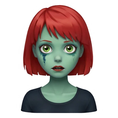 Zombie girl emoji with short red hair and bangs. Blue eyes, green skin, and a black top Her hair is slightly wavy sticker