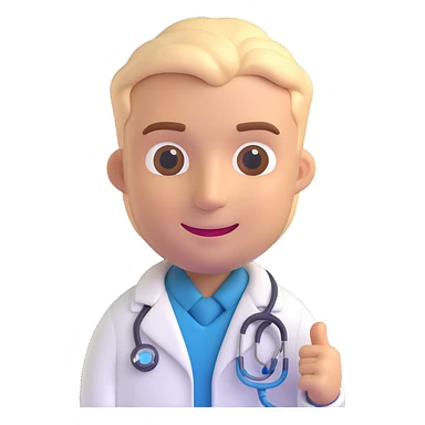 male doctor 3D emoji style, smiling, white coat, stethoscope, friendly and approachable sticker