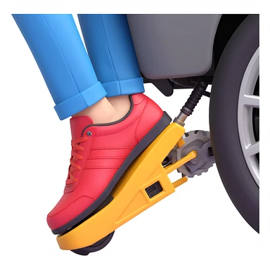 A clean 3D emoji-style illustration of a single right foot pressing down on gas pedal. Only the foot and the pedal are shown, viewed from the side. The pedal is slightly tilted to show pressure. No background, simple colors, minimal details sticker