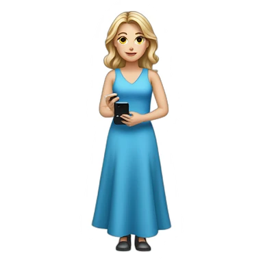 a white girl in a blue dress holding a cell phone sticker