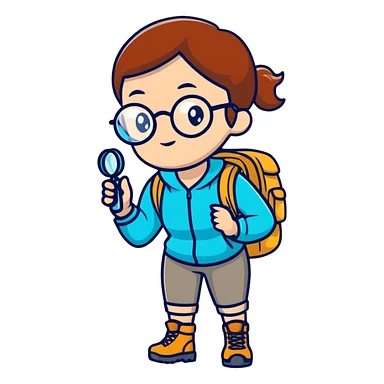 Woman in her late 30s with glasses wearing sporty outfit, hiking boots, and backpack, holding a magnifying glass and looking curious sticker