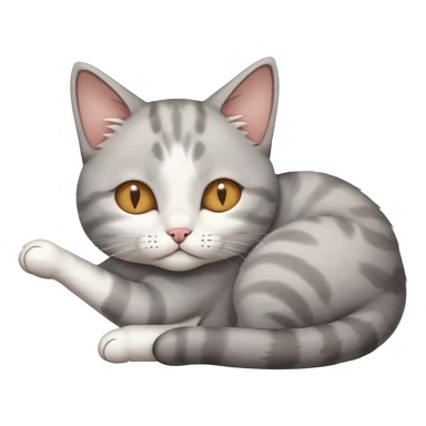 grey and white small cat with its eyes closed lying down with its paw holding up his head sticker