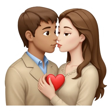 A white man with brown hair in pale beige clothes and a woman in pale beige clothes are kissing with white hearts sticker