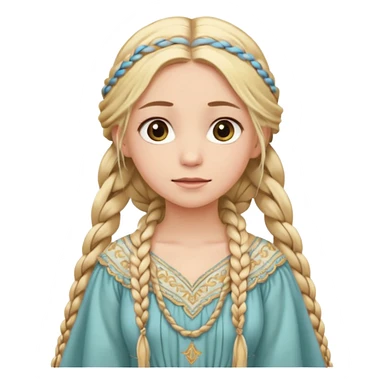 
mujer, Joven, de aspecto dulce y elegante.
Piel clara, ojos grandes y expresivos (pueden ser azules o verdes), sonrisa triste.
Rubio o castaño claro, largo, con trenzas o velo.
Vestido largo de tonos suaves (blanco, azul o lavanda), con bordados dorados; un manto o toca fina cubriendo la cabeza.
 sticker