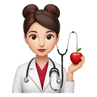Dark brown haired woman veterinarian with a sleek bun and a cherry red Littmann stethoscope  sticker