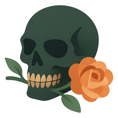 A dark, mysterious skull with a gothic, haunting atmosphere, featuring a soft color palette: golden orange (FA9B41), deep forest green (4A7C5C), muted taupe brown (96775A), and pastel peach (FFCC9A). The skull has sharp, angular features and hollow eye sockets, exuding a sense of mystery. A single, delicate rose lies across the skull, its petals in rich shades of peach and soft orange, with a deep green stem. The contrast between the dark skull and the soft, vibrant rose creates a striking, emotional effect. The background is dimly lit, with subtle shadows and perhaps a faint glow, enhancing the gothic yet strangely beautiful atmosphere. sticker