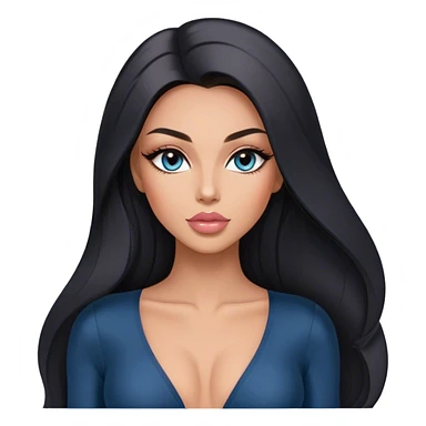 Glamours, tanned, very beautiful girl, with big pump peach-beige-rose lips, long long lashes, black straight smooth silky long hair, straight parting hair, blue-grey eyes in black long-sleeves v-neck bodysuit sticker
