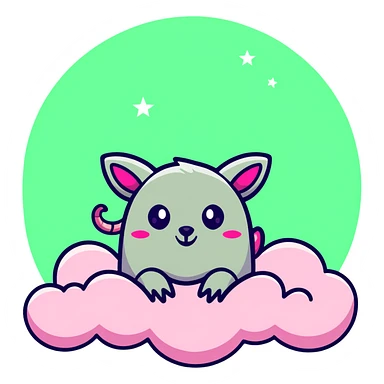 celestial pink possum on a cloud, glowing eyes, subtle devil horns, surrounded by pastel stars sticker