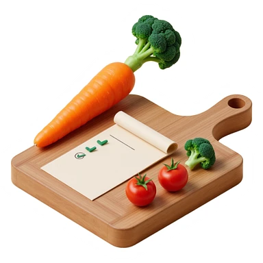 carrot tomato brocoli on the wooden cutting board with floating rolled paper list with checkbox sticker