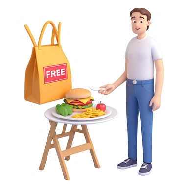 playful customer with empty pockets looking hopeful at a plate of food labeled 'free' sticker