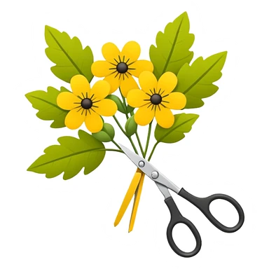 Minimalistic flat vector icon, iOS style, thin black contour on white background. Flower bouquet with leaves and scissors. No text, no shadows. sticker
