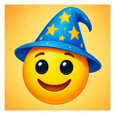yellow face with blue wizard hat and stars emoji, digital illustration sticker