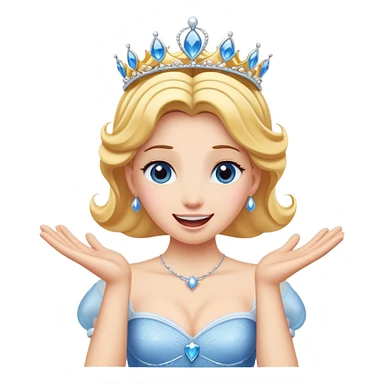 Cinematic Playful Cinderella Portrait Emoji, Blushing with excitement, hands clasped near her heart, eyes wide with anticipation, her tiara slightly askew from an unexpected twirl, a radiant princess caught in a moment of joy, utterly captivating! sticker