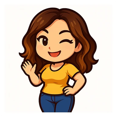 Create a chibi emote of a woman from the reference images with a slightly skinnier body and bigger chest, wearing a yellow t-shirt and blue jeans, winking, cute playful face, no headband, no wand, no green heart, transparent background, and top color not matching jeans, matching the attached green heart emote as a base style. sticker