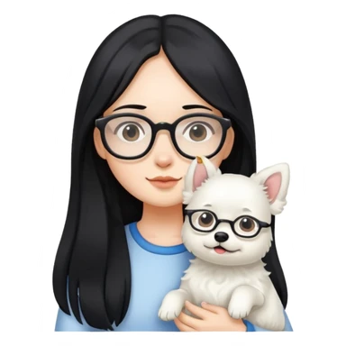 A girl with long black hair and glasses holding a white dog sticker