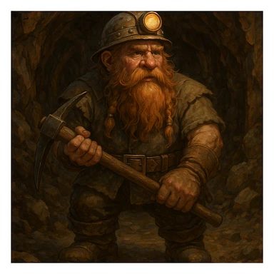 a dwarf miner holding a pickaxe, underground setting, fantasy style, detailed character illustration sticker