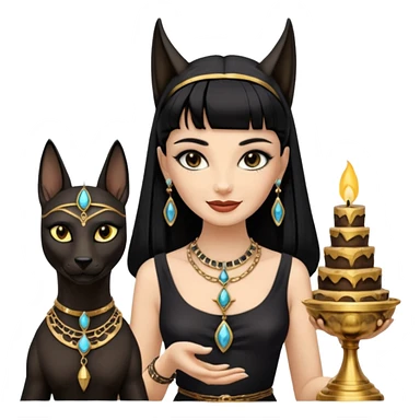 Smiling Witchy-mannered smoky-evil-eyed real Audrey Hepburn cleopatra Anubis conjuring Protecting silky black-haired tiny chained-adorned statuette-scale dessert scenery stone-age cracked ancient antique  sticker