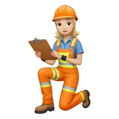 woman in orange hi vis overalls and boots holding a clipboard, kneeling sticker