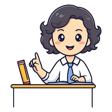 female teacher with black wavy hair, no glasses, teaching and talking sticker