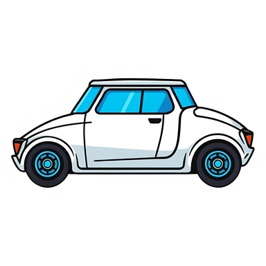 Futuristic retro hover car with angular design and glowing blue wheels, flat vector style, minimal color palette with blue highlights sticker