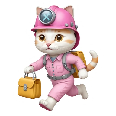 A cute white and pink cat dressed as engineer with a  a white helmet running fast carrying her cute  bag sticker