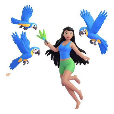 woman with long straight black hair, light brown skin, with blue macaws flying around her, and the three arches of Atalaia Beach (Aracaju-SE) in the background sticker