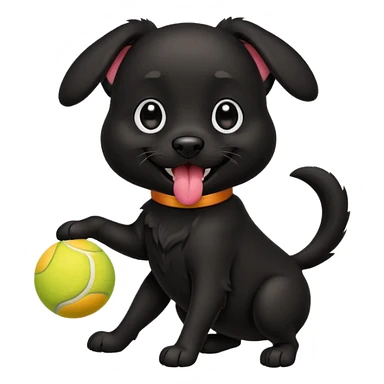 Cute emoji-style illustration of a happy black dog playing with a tennis ball, shiny black fur, joyful expression with tongue out, big expressive eyes, playful pose, vibrant colors, smooth clean lines, high resolution, sticker-style, transparent background sticker